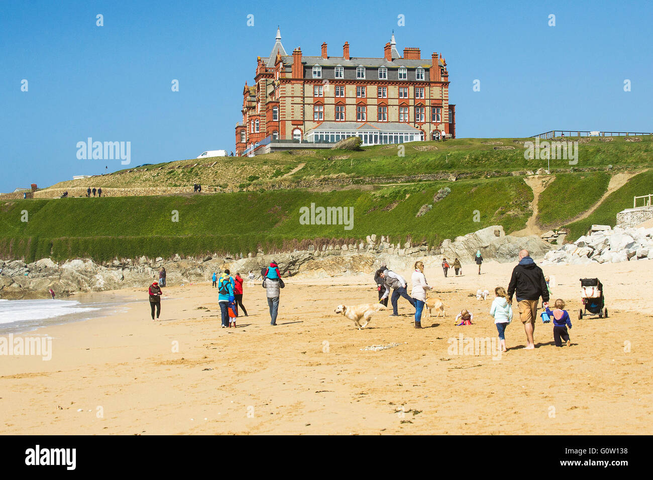 The Headland Hotel overlooking Fistral Beach in Newquay, Cornwall. Stock Photo