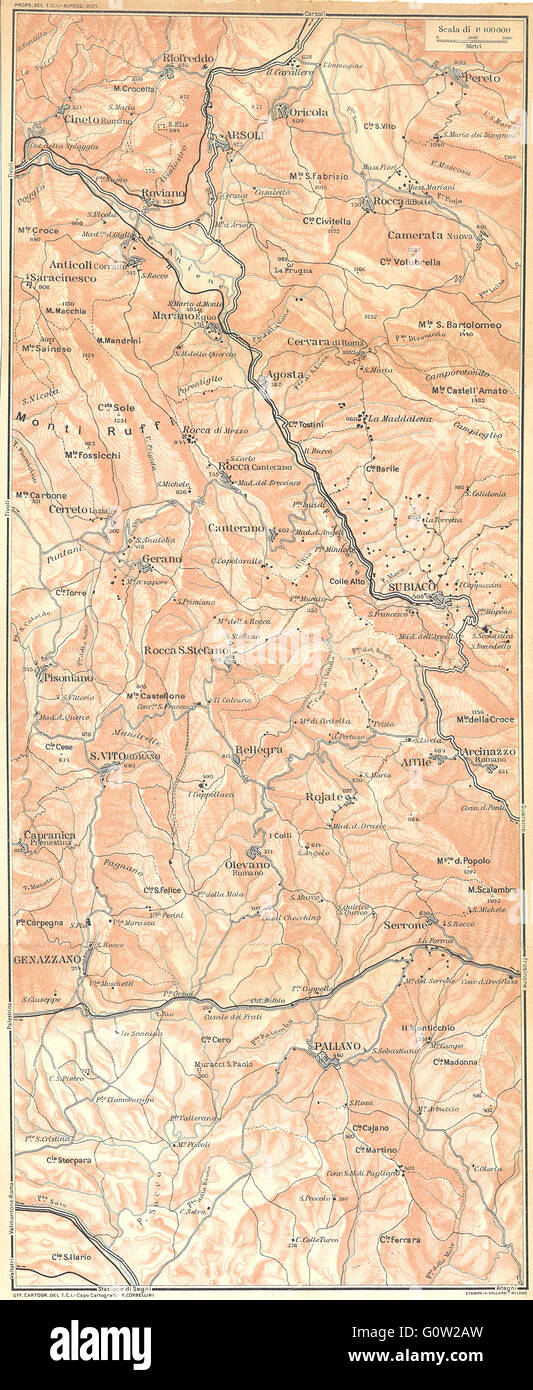 ITALY: Arsoli Subiaco Genazzano paliano Genazzano Marano Equo, 1924 old map Stock Photo