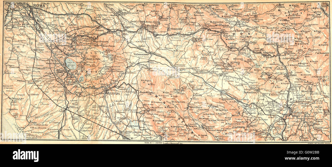 ITALY: Colli Laziali Monti Lepini ed Ernici (Roma Frosinone Velletri), 1924 map Stock Photo