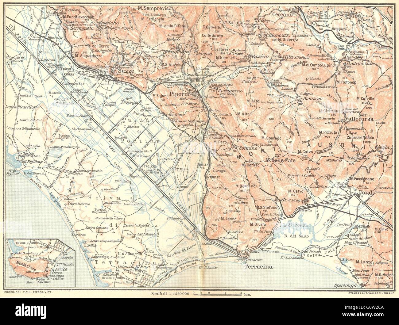 ITALY: Paludi Pontine. Monti Ausoni. Sezze Ceccano Terracina, 1924 vintage map Stock Photo