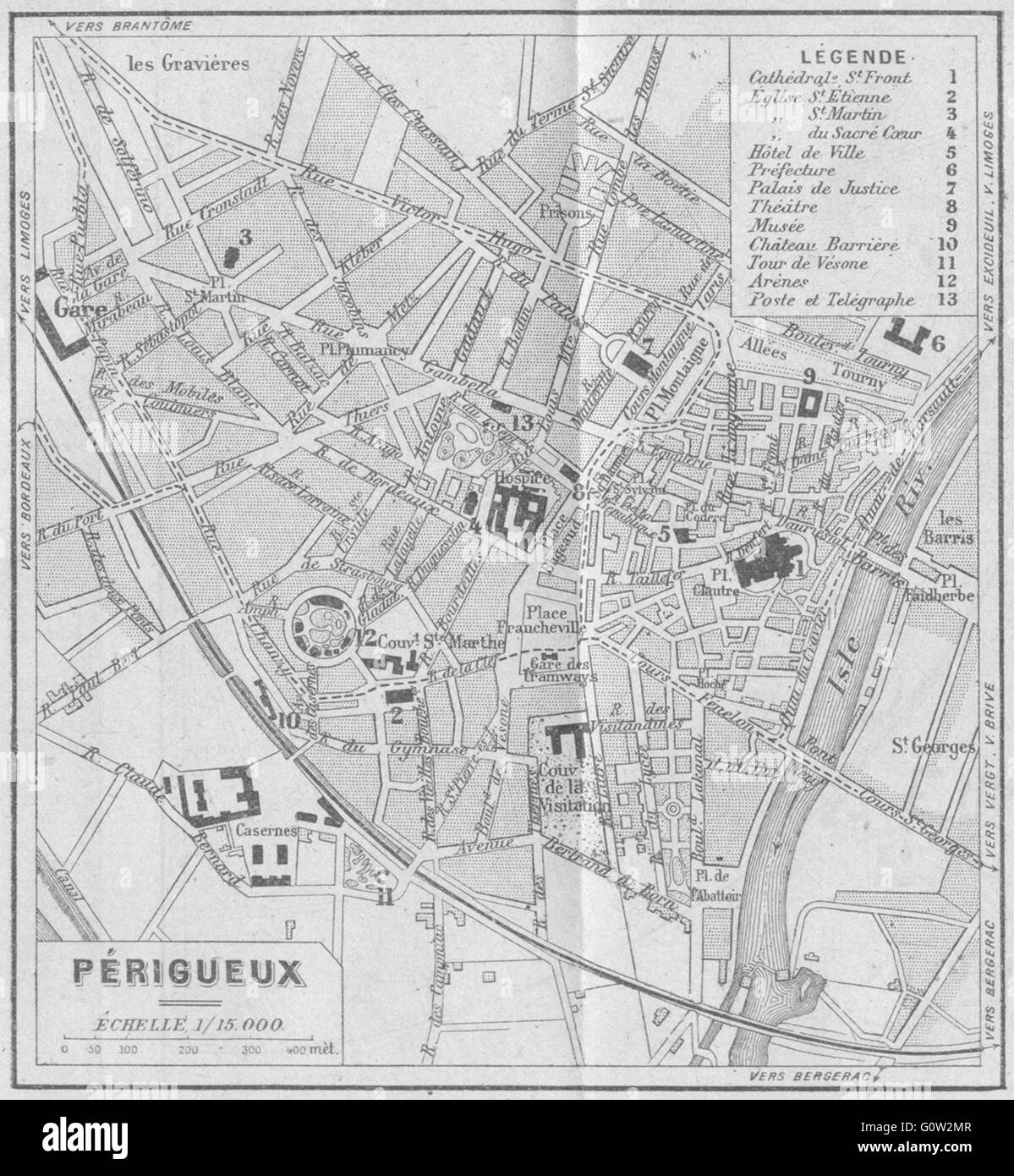 DORDOGNE: Périgueux, 1923 vintage map Stock Photo