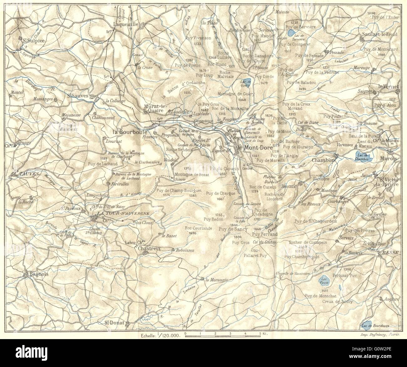 PUY-DE-DÔME: Environs de la Bourboule et du Mont-Dore, 1923 vintage map Stock Photo