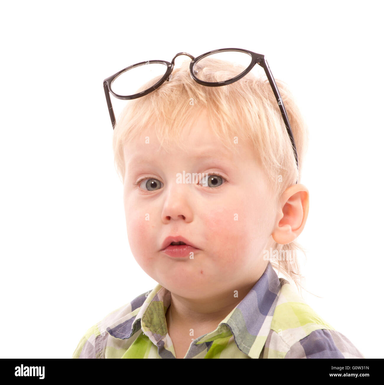 Funny boy with glasses, close up portrait, isolated on white Stock Photo Alamy