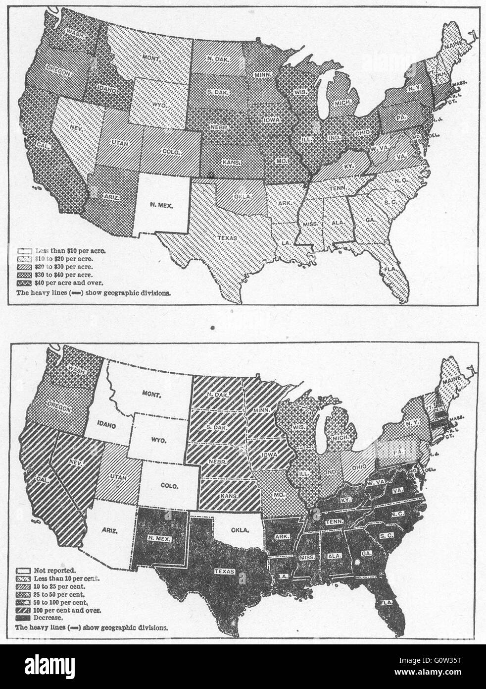 USA: Average farm land value 1910; Farmland increase 1860-70 sketch map 1942 Stock Photo