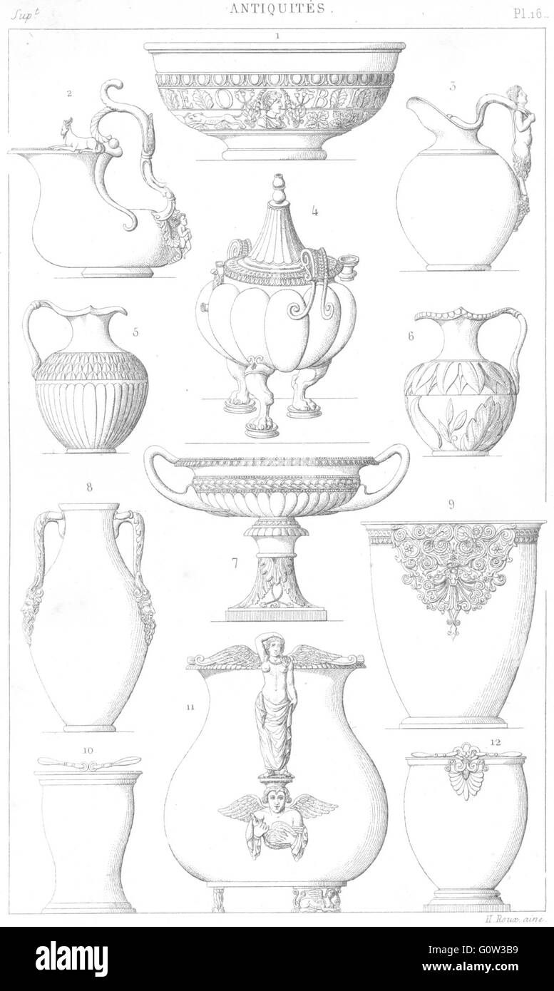 Italy: Coupes Et Vases, A Pompeii(pompei), Antique Print 1875 Stock 