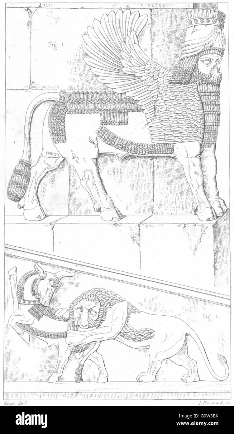 IRAN: PERSEPOLIS: Architecture: figure pylon of Orient; Bas-relief, print 1875 Stock Photo