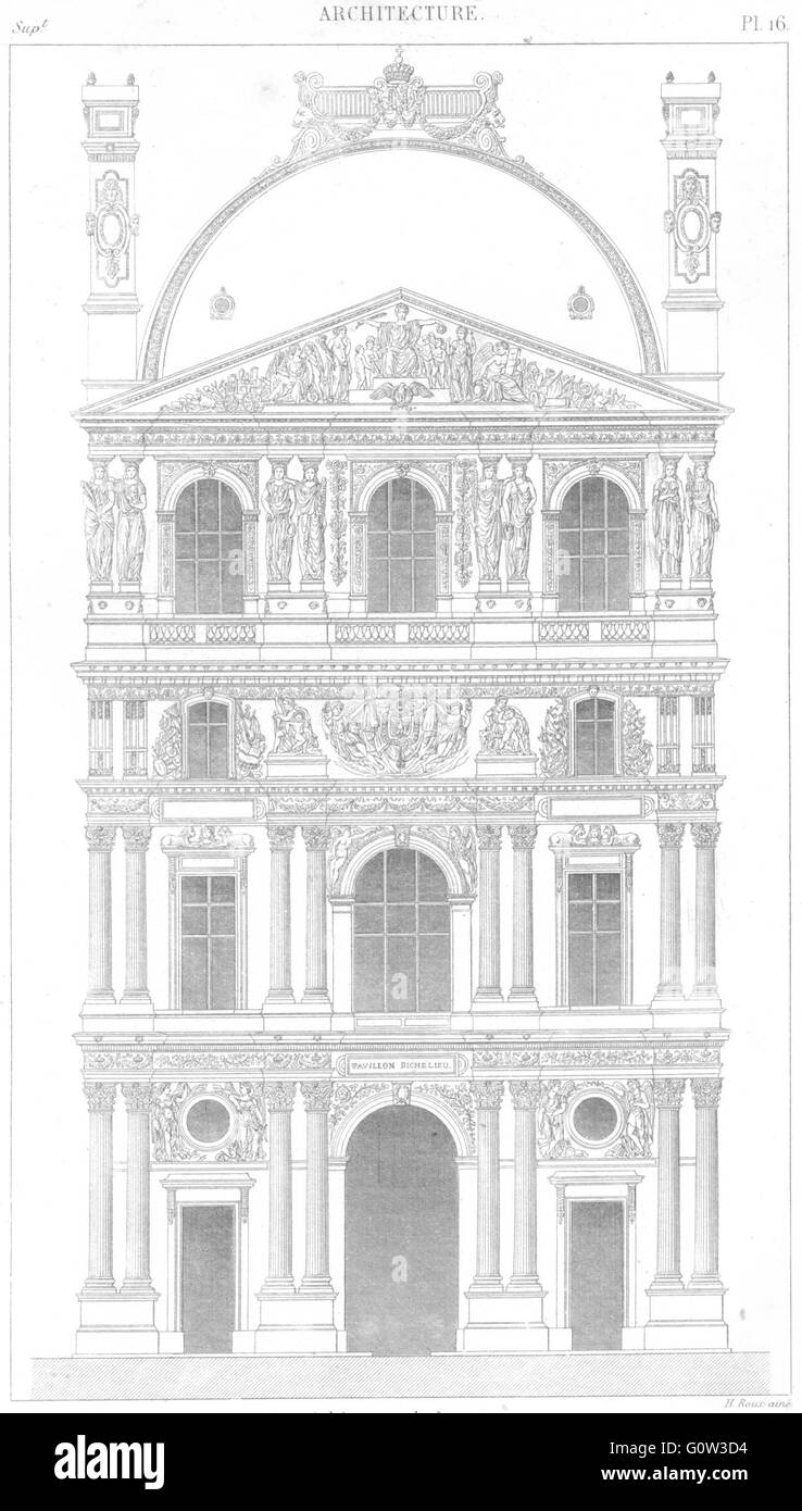 PARIS: Architecture: Achievement du Louvre Pavillons milieu, old print 1875 Stock Photo
