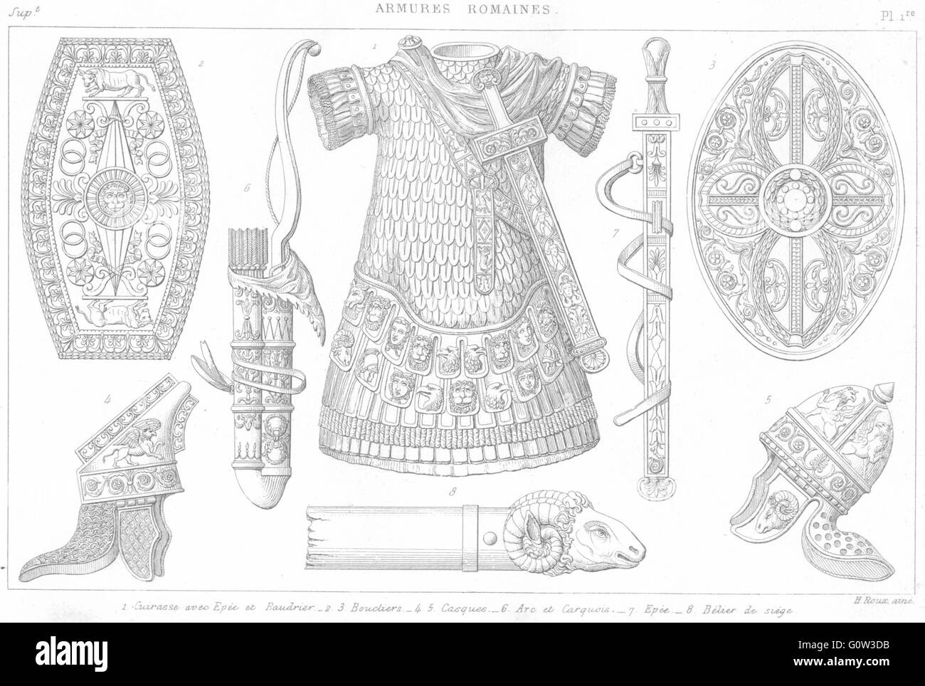 ROMAN ARMOUR: Breastplate sword belt Shield Helmet bow quiver Aries, 1875 Stock Photo