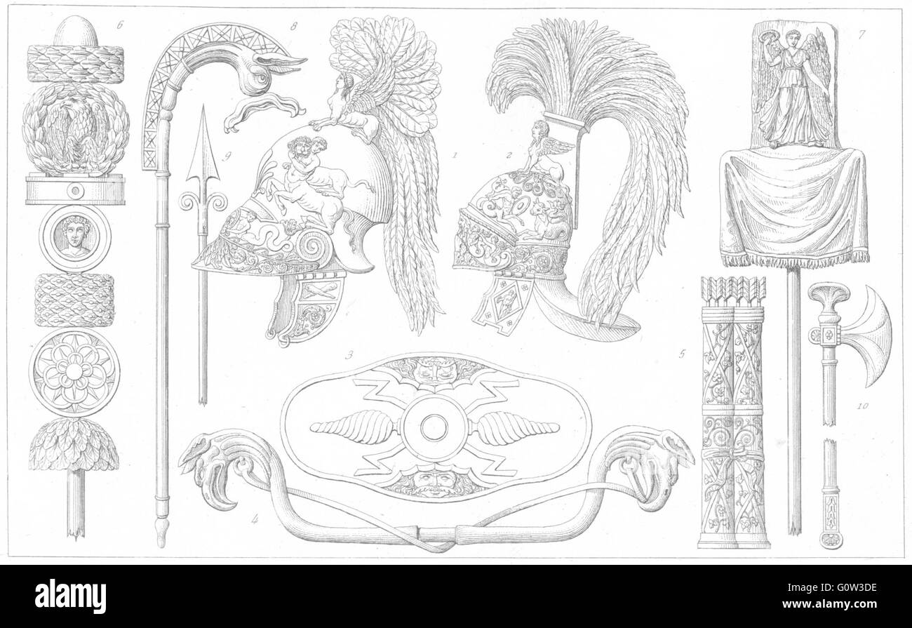 ROMAN ARMOUR: Helmet ostrich; Shield legion; Arc; quiver; Mace; Lance; Axe, 1875 Stock Photo
