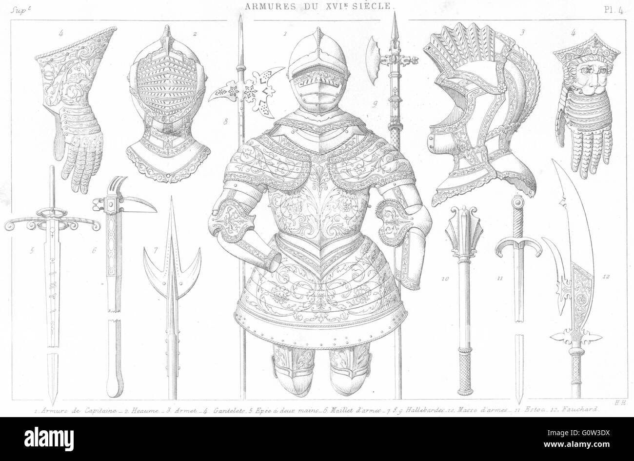 16C SUIT ARMOUR: Helmet; Armet; Gauntlet; sword; Mallet; Halberd; Fauchard, 1875 Stock Photo