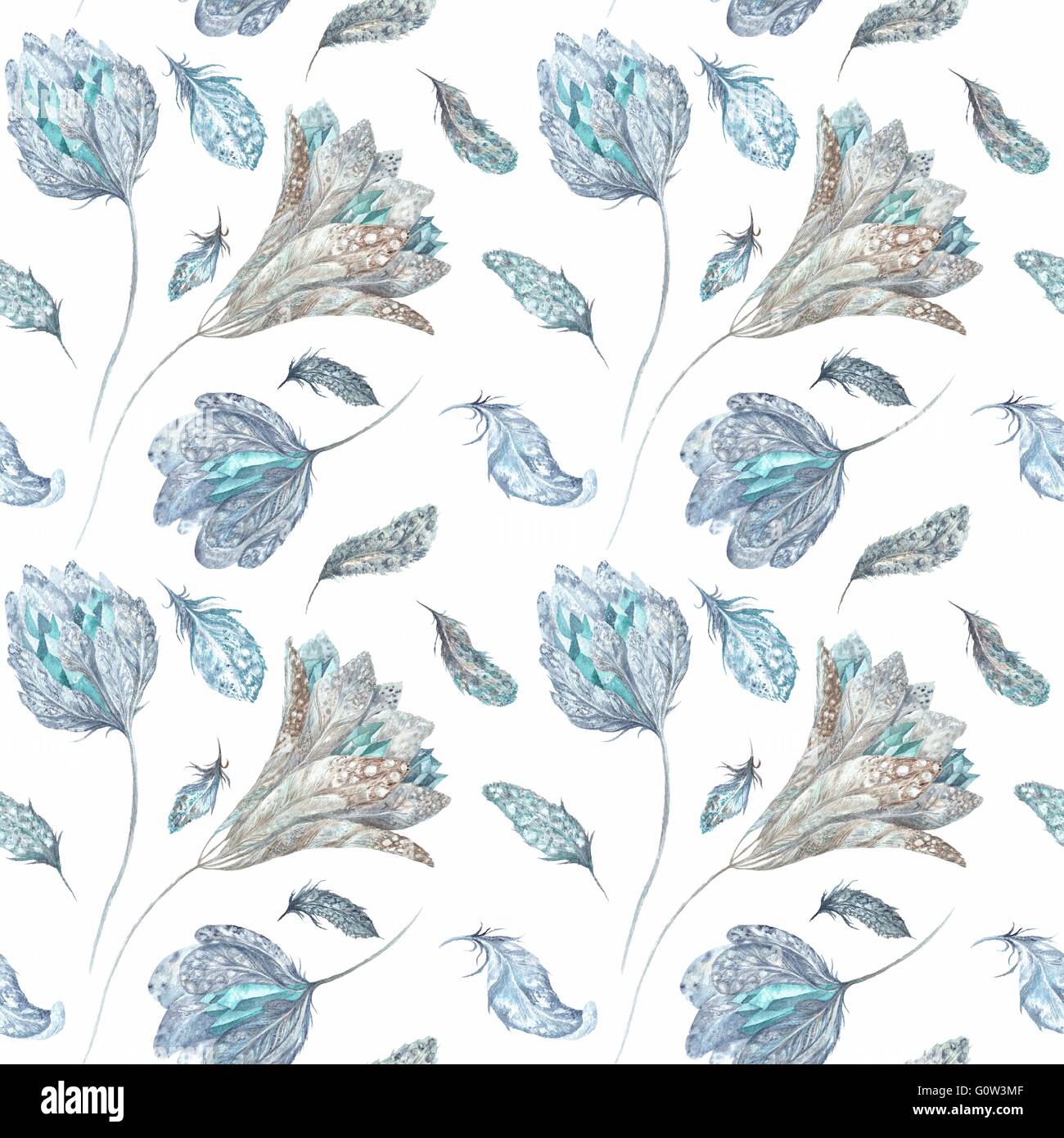 Seamless texture with feathers, flowers and crystals isolated on white background for textile and wallpaper design Stock Photo
