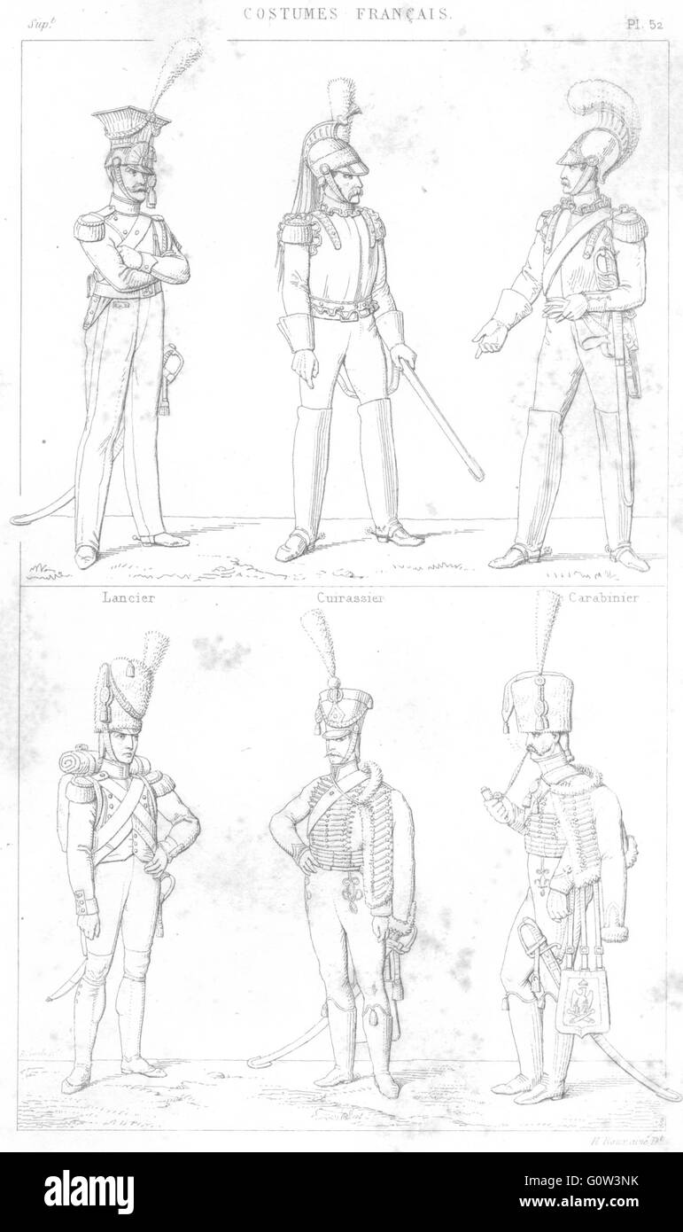 FRANCE: Lancier; Cuirassier; Carabinier; Canonnier a pied; Hussard; cheval, 1875 Stock Photo