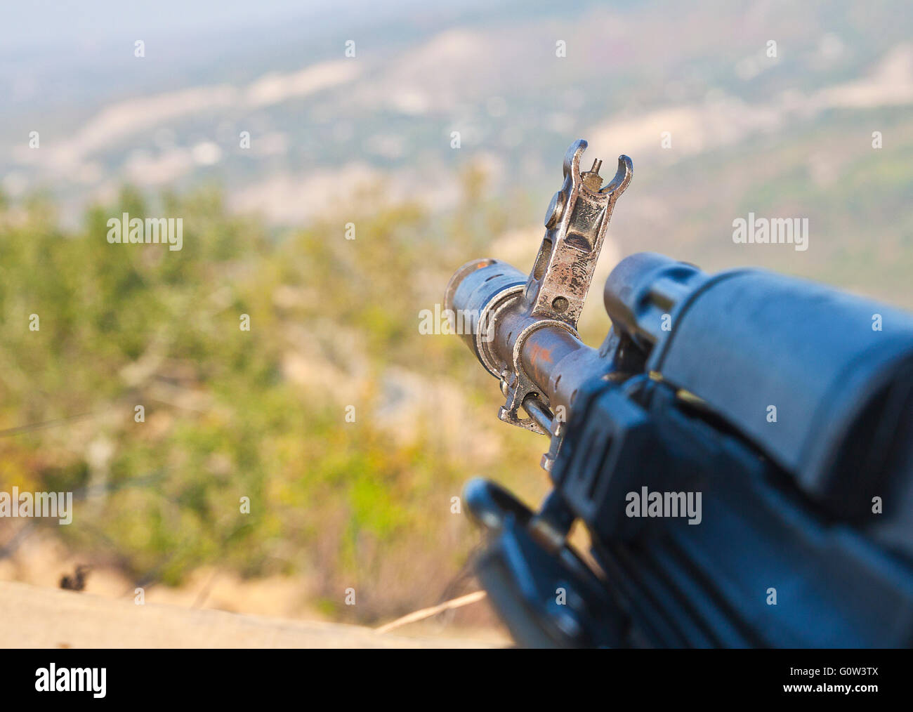 Kalashnikov assault rifle in the embrasure ak-74 Stock Photo