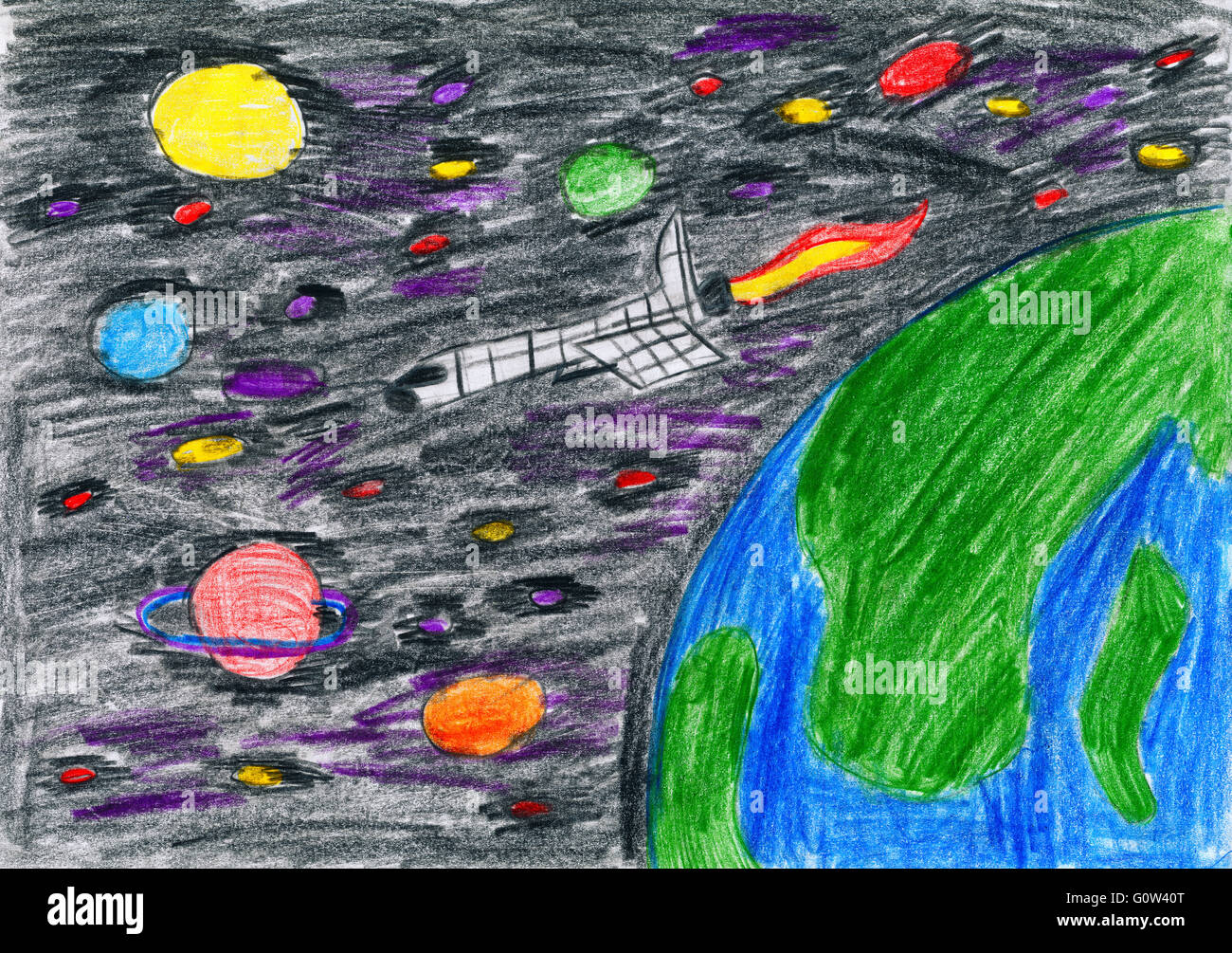 spaceship flies in an earth orbit - child drawing picture on paper Stock Photo