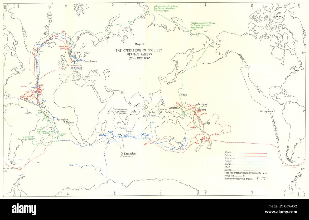 OCEAN WARFARE: operations of disguised German Raiders, 1940, 1954 vintage map Stock Photo