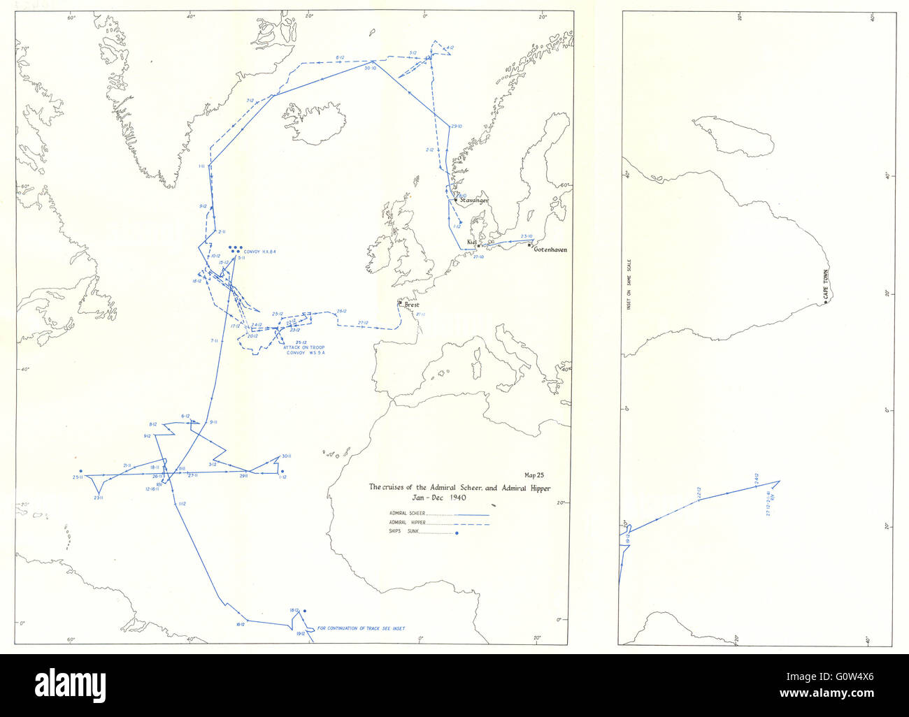 ATLANTIC: Ocean Warfare: Cruises of Admiral Scheer & Hipper, 1940, 1954 map Stock Photo