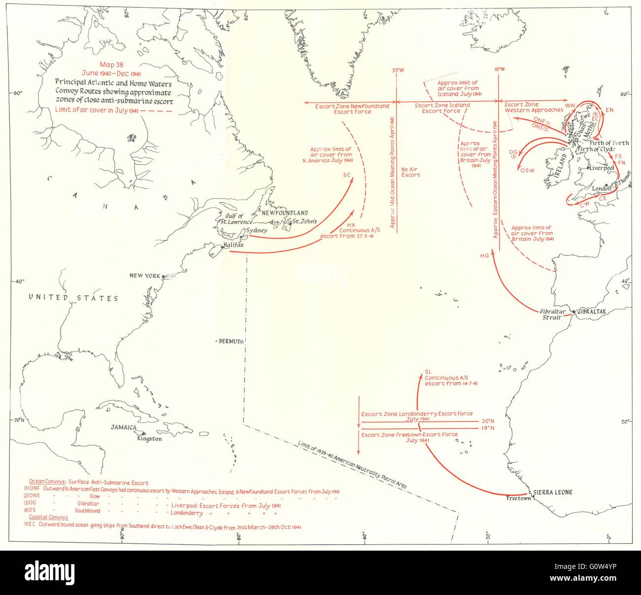 ATLANTIC: 1940-41 convoy routes; anti U-Boat escort air cover, 1954 old map Stock Photo