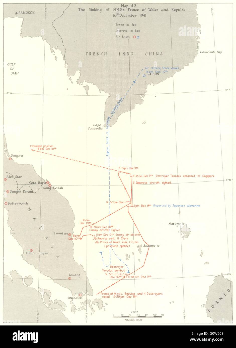 MALAYSIA: Sinking of HMS's Prince Wales & Repulse, 10th Dec 1941, 1954 old map Stock Photo