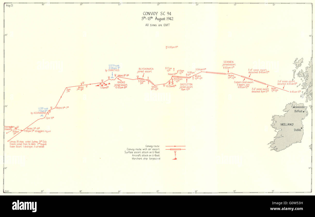 BATTLE OF THE ATLANTIC: 2nd campaign, convoy routes: SC 94 Aug 1942, 1956 map Stock Photo