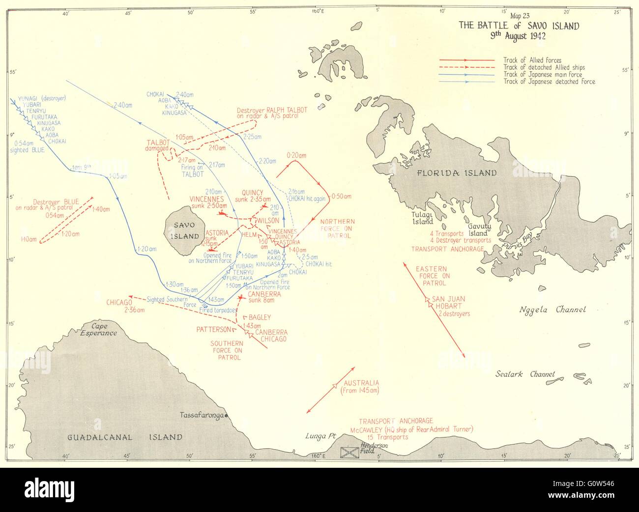 PACIFIC OCEAN: The Battle of Savo Island 9th August 1942, 1956 vintage map Stock Photo
