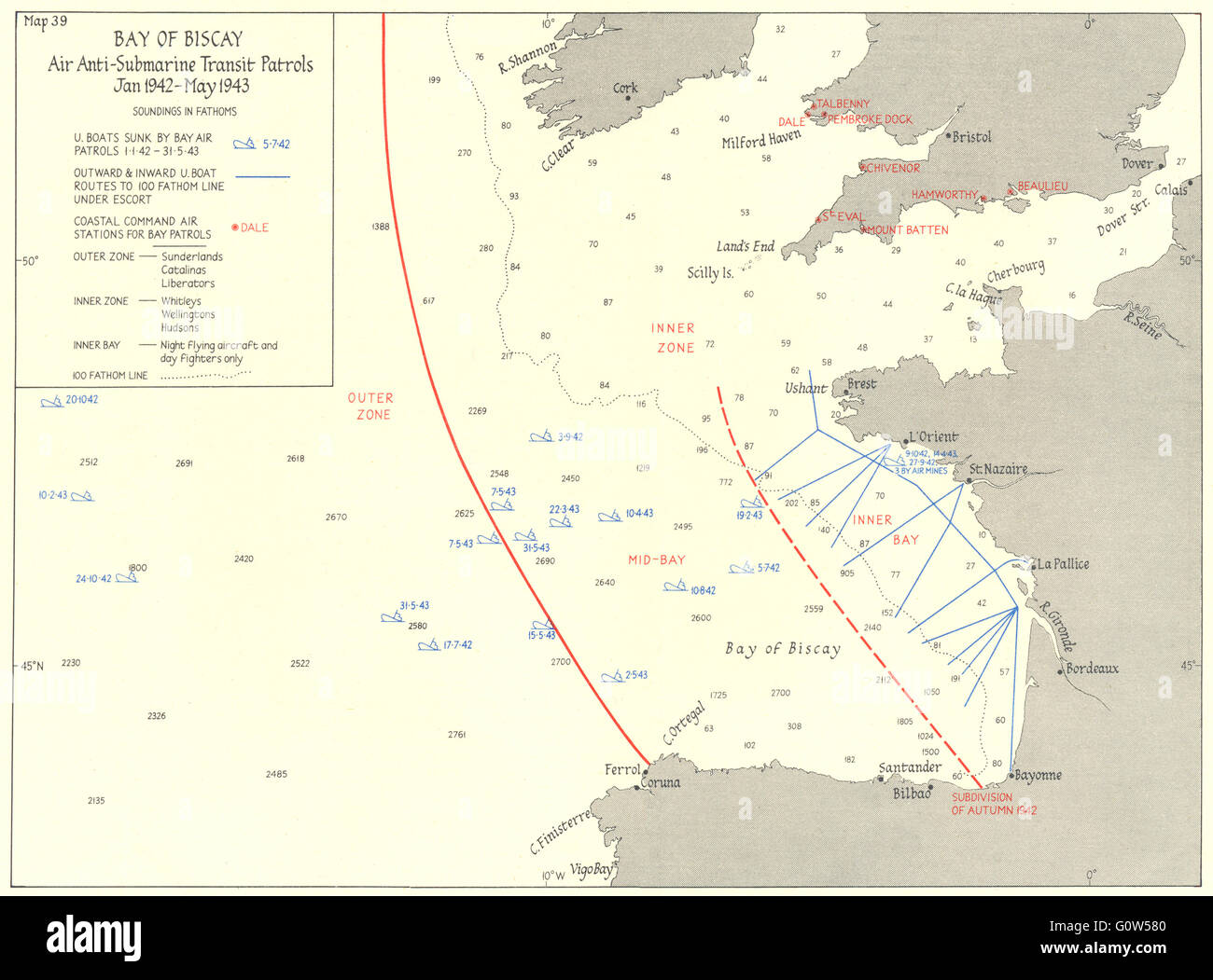 BAY OF BISCAY Air AntiSubmarine Patrols 194243, 1956 vintage map