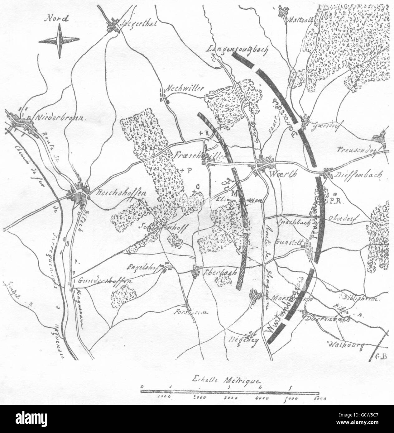 BAS-RHIN: Reichshoffen Froeschwiller Woerth: Plan d'ensemble, sketch map 1880 Stock Photo