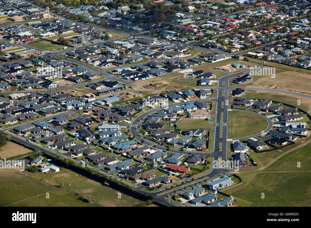 New housing development, Mosgiel, Dunedin, Otago, South Island, New Zealand - aerial Stock Photo