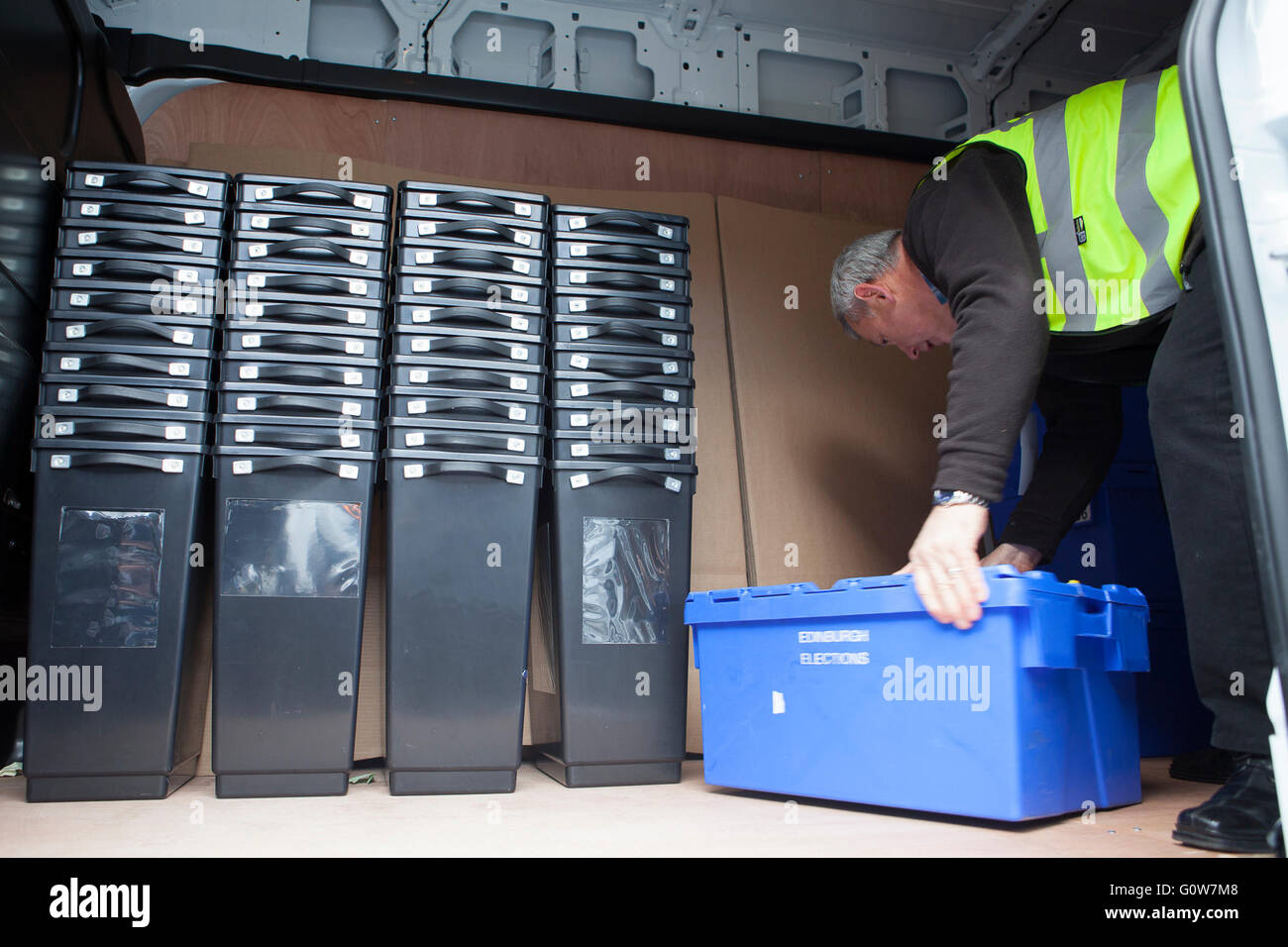 Edinburgh, Scotland UK. 4th May 2016. Ballot boxes to be used for voting in the Scottish Parliament Election are picking up by van from storage for delivery to Edinburgh’s polling places. Pako Mera/Alamy Live News. Stock Photo