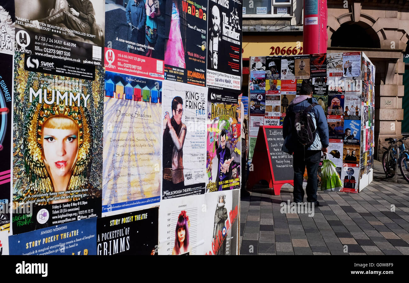 Brighton, UK. 4th May, 2016. Posters advertising the various acts for Fringe City as the city prepares for the start of Brighton Festival and Fringe events which begin this coming weekend  Credit:  Simon Dack/Alamy Live News Stock Photo