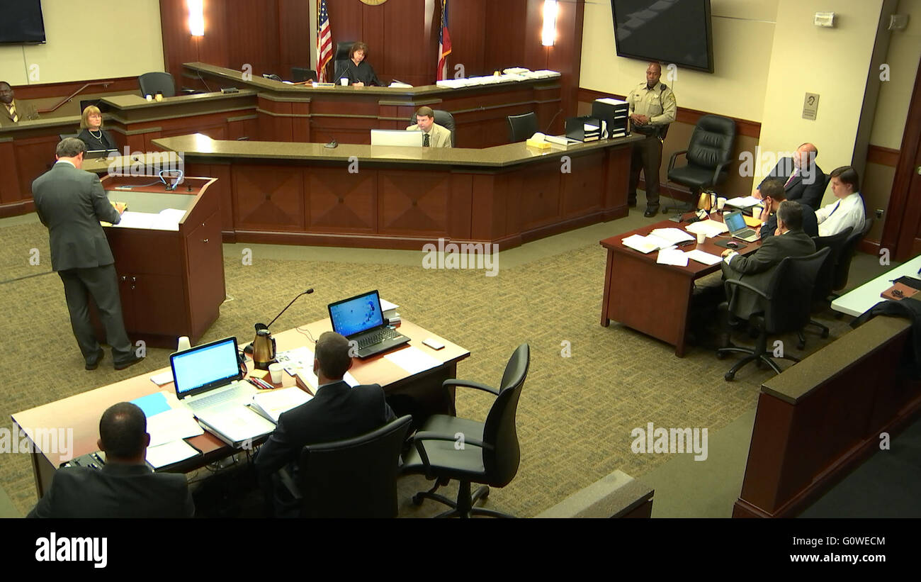 Marietta, GA, USA. 2nd May, 2016. Justin Ross Harris defense attorneys plead to Cobb County Superior Court Judge Mary Staley for a change of venue for Harris' first-degree murder trial, citing counsel inability to find jurors who haven't already decided on defendant's guilt. © Robin Rayne Nelson/ZUMA Wire/Alamy Live News Stock Photo