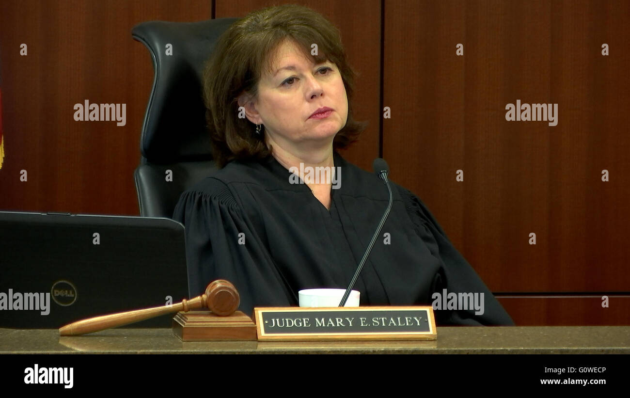 Marietta, GA, USA. 2nd May, 2016. Justin Ross Harris defense attorneys plead to Cobb County Superior Court Judge Mary Staley for a change of venue for Harris' first-degree murder trial, citing counsel inability to find jurors who haven't already decided on defendant's guilt. Pictured: Judge Mary Staley © Robin Rayne Nelson/ZUMA Wire/Alamy Live News Stock Photo