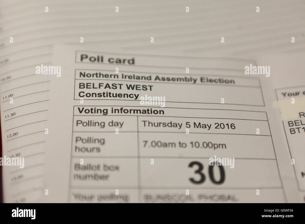 Belfast,Northern Ireland 5th May 2016. A Northern Ireland Assembly Election Poll Card for the Constituency of Belfast West Stock Photo