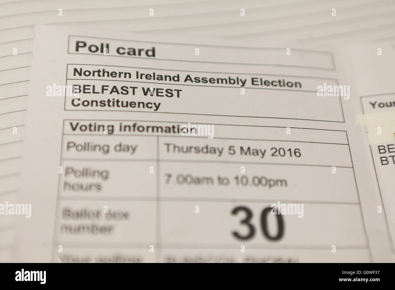 Belfast,Northern Ireland 5th May 2016. A Northern Ireland Assembly Election Poll Card for the Constituency of Belfast West Stock Photo