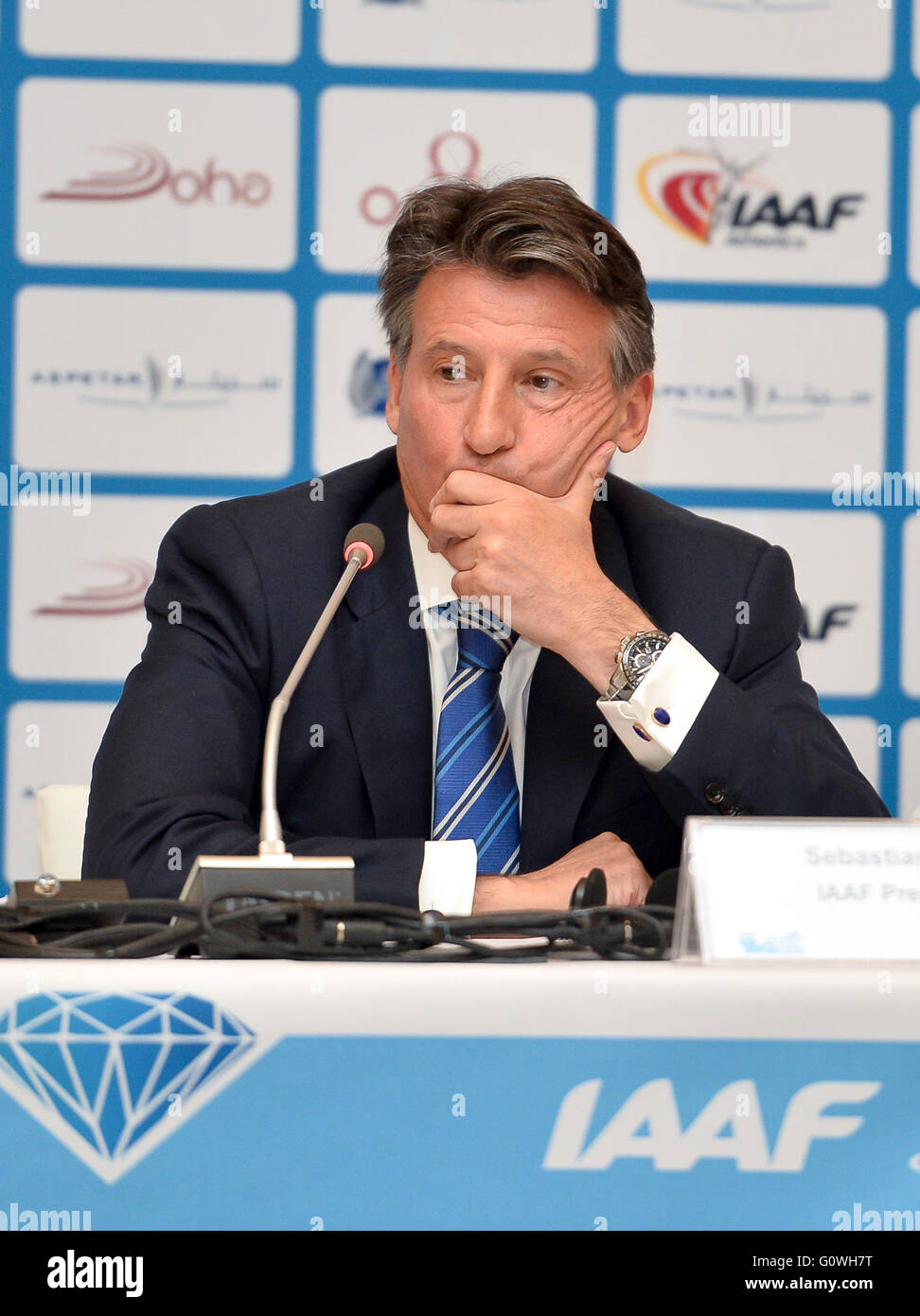 Doha, Qatar. 5th May, 2016. President of the International Association of Athletics Federation (IAAF) Sebastian Coe attends the press conference for the 2016 IAAF Diamond League in Doha, capital of Qatar, May 5, 2016. Credit:  Nikku/Xinhua/Alamy Live News Stock Photo