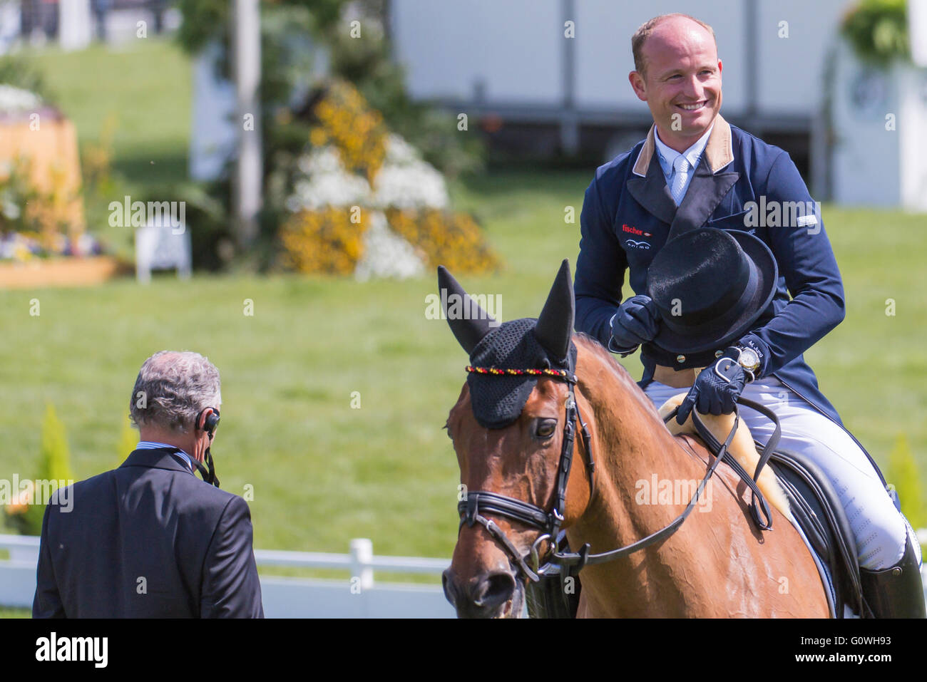 Badminton, South Gloucestershire, UK. 5th May 2016. Michael Jung of Germany and his horse Michael Jung La Biosthetique - Sam FBW take part in the dressage phase at the Mitsubishi Motors Badminton Horse Trials 2016. Dressage is an advanced form of riding that tests the horse and rider as they perform difficult manoeuvres based around a horse's natural movements. Credit: Trevor Holt / Alamy Live News Stock Photo