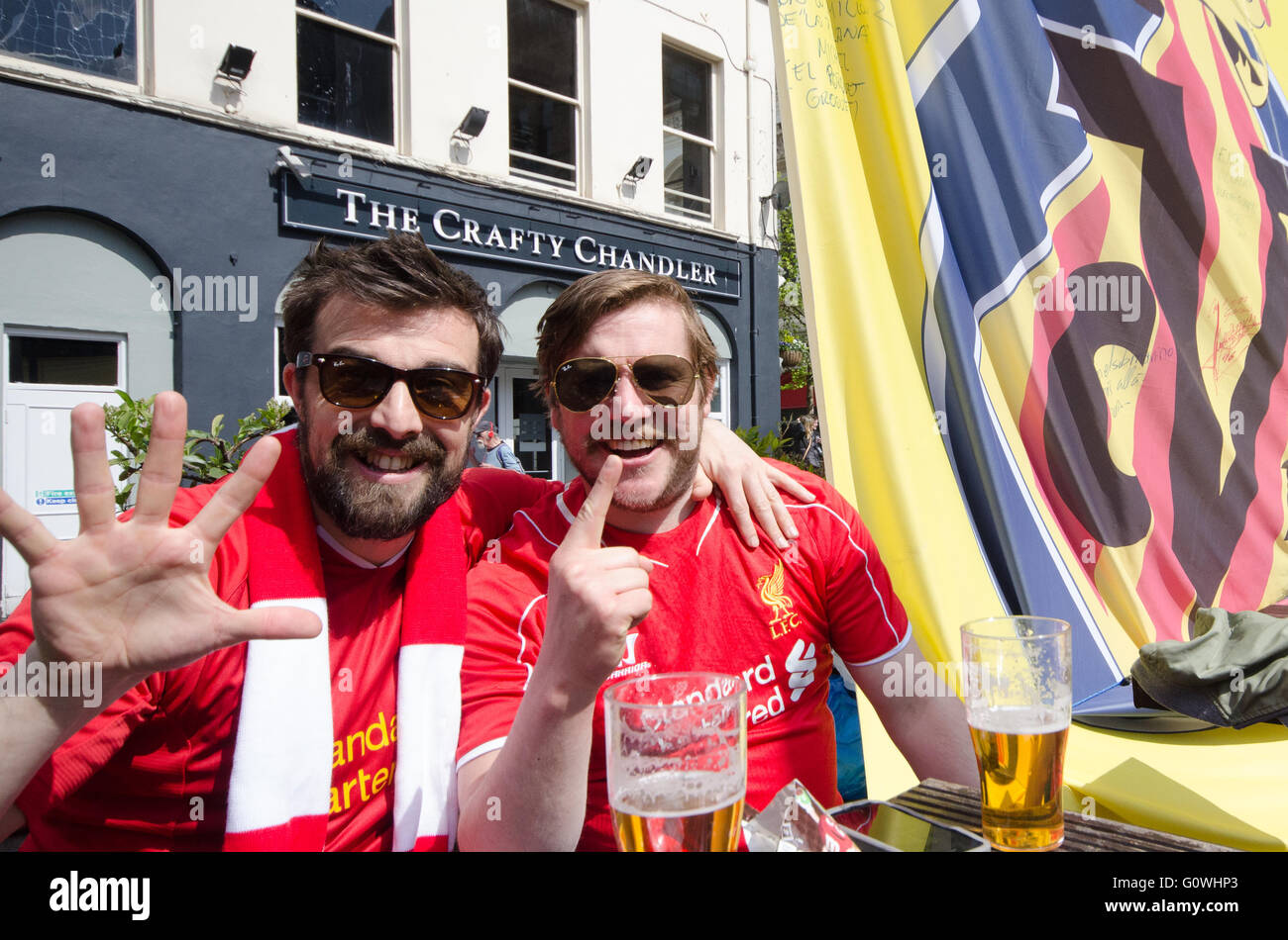 Liverpool, UK. 5th May, 2016. Fans of both Liverpool  enjoying the afternoon sunshine before the UEFA Europa League semi-final against Spanish side Villareal at Anfield. The Spanish  were made very welcome by the local Liverpool fans as temperatures have soared this week and are set to increase for the weekend. The winner will play either Sevilla or Shakt Donsk in the final in Basel, Switzerland on 18th May 2016 Credit:  rsdphotography/Alamy Live News Stock Photo