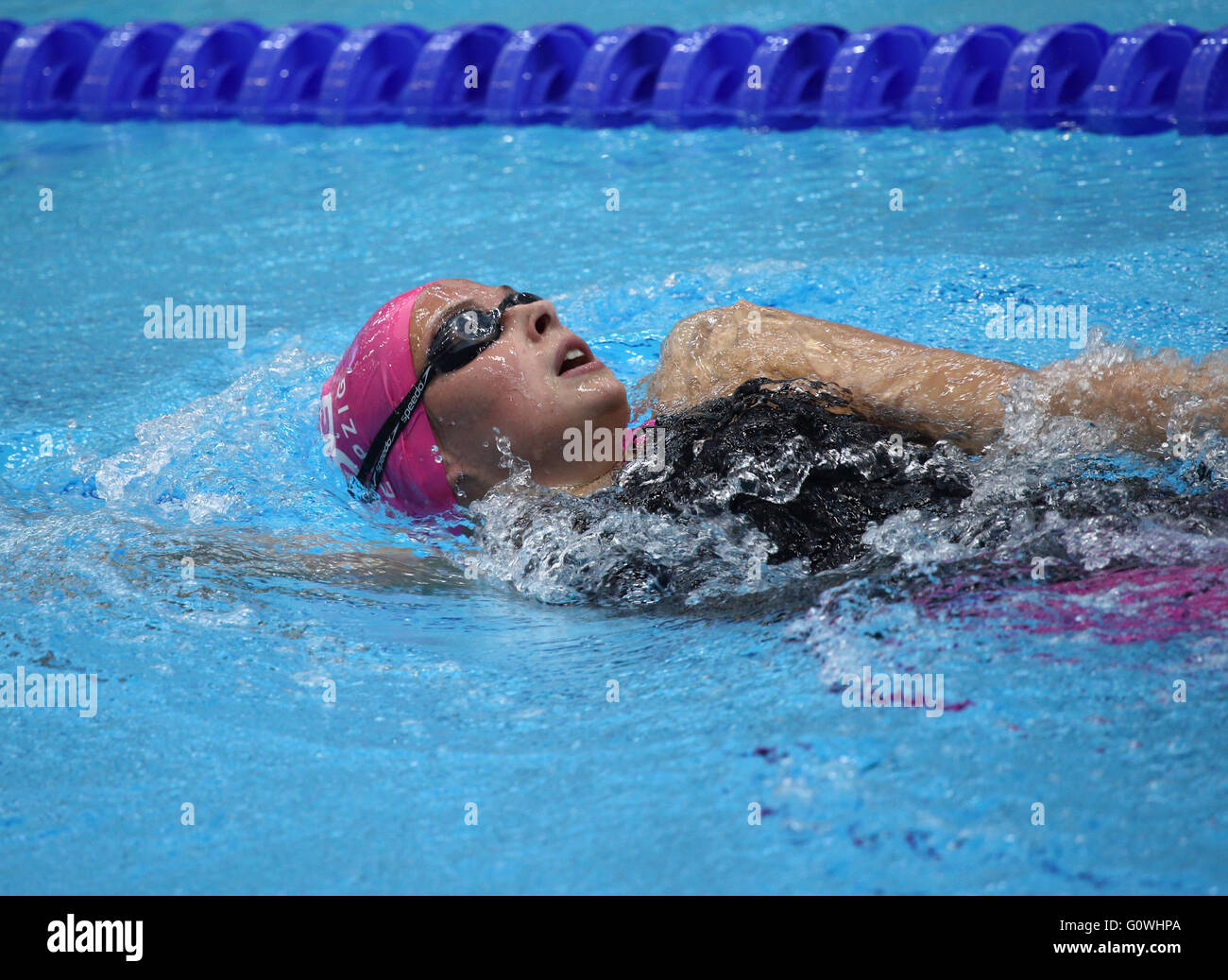 Berlin, Germany. 5th May, 2016. Member of the Leipzig SSG swimming team competes in the 400m Individual Medley Stock Photo