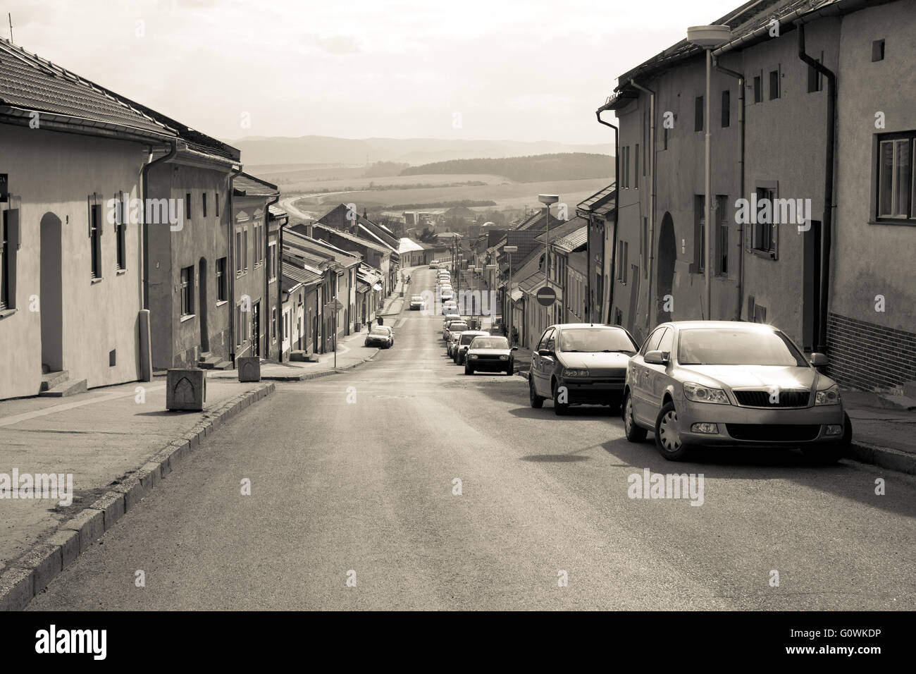 Retro car parked in old European city street Levoca Slovakia Stock Photo