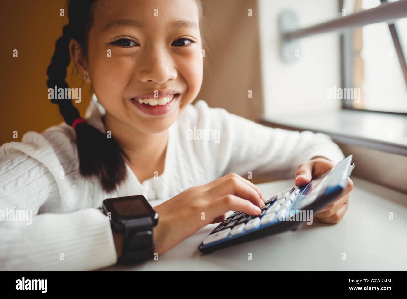 Schoolchild using a calculator Stock Photo Alamy