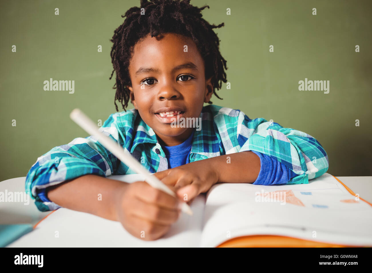 Boy writing in his notebook Stock Photo