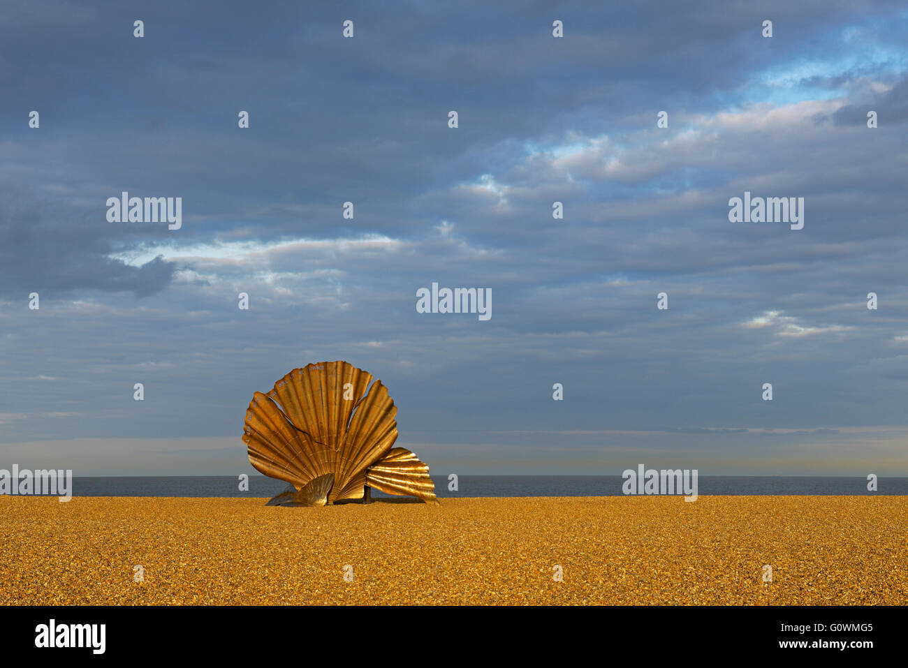 Sculpture, The Scallop, on the beach at Aldeburgh, Suffolk, England UK Stock Photo