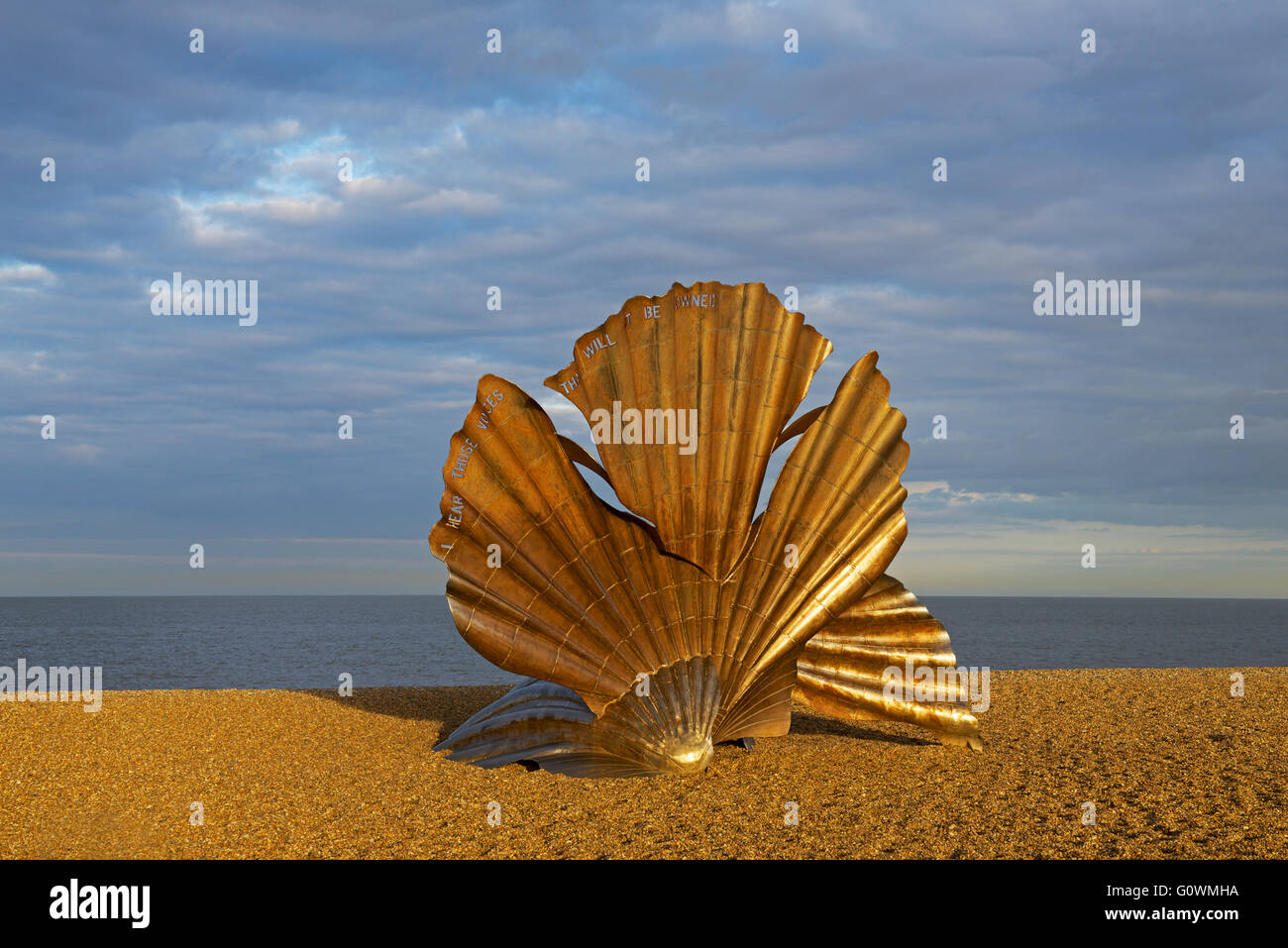 Sculpture, The Scallop, on the beach at Aldeburgh, Suffolk, England UK Stock Photo