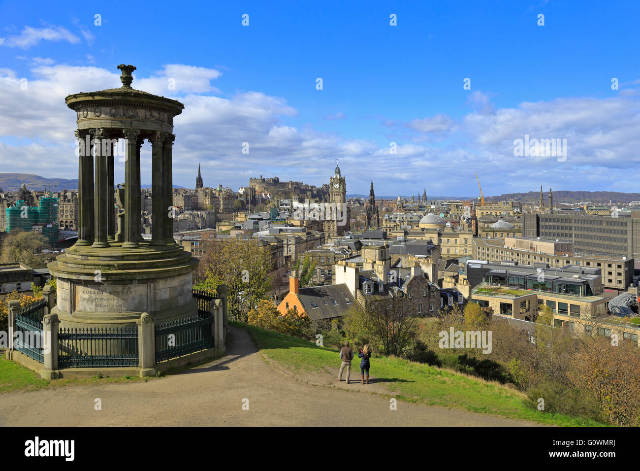 Edinburgh from Calton Hill with the Dugald Stewart Memorial in the foreground Edinburgh Scotland UK Stock Photo