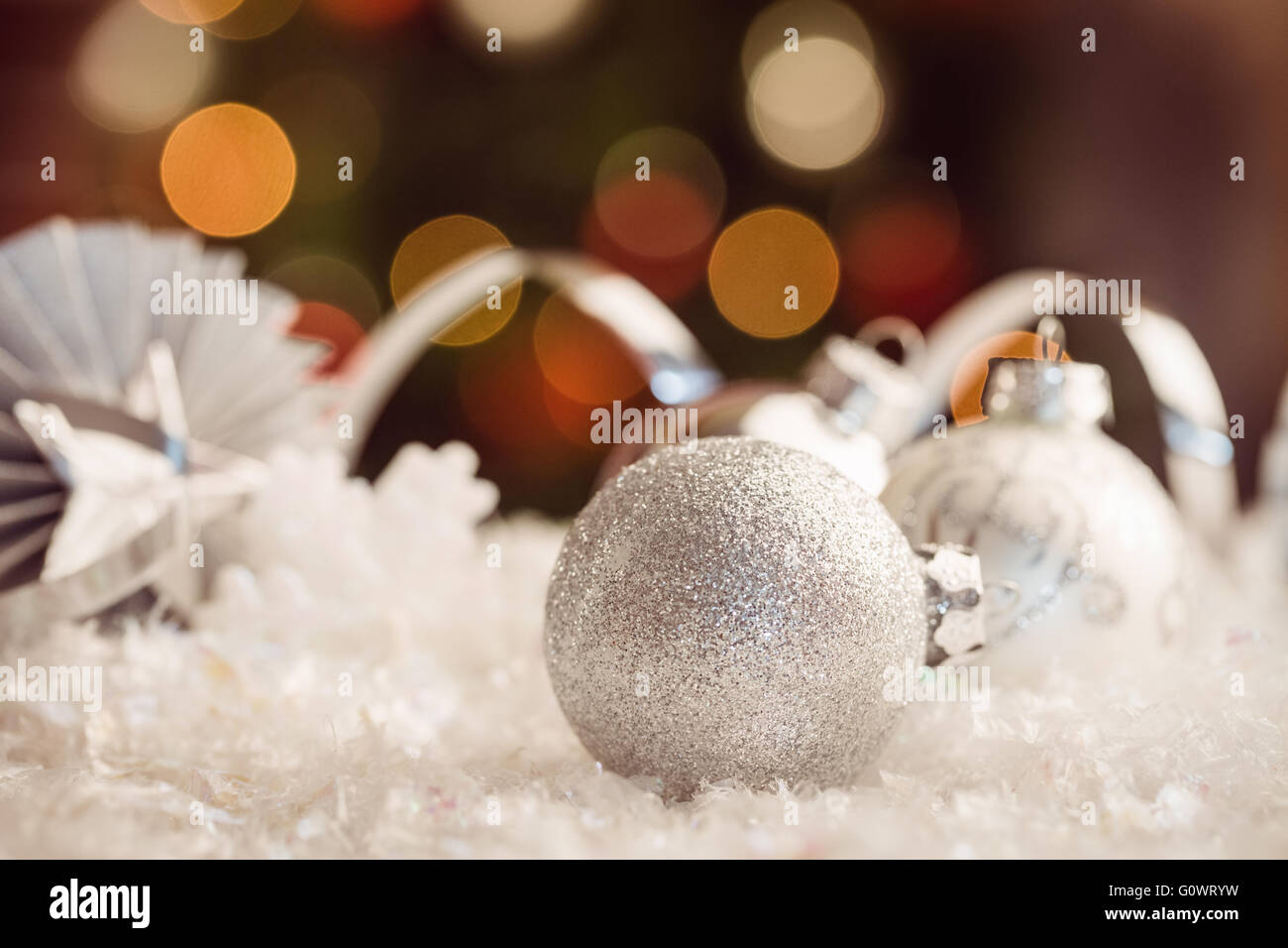 extreme close up view of white baubles Stock Photo