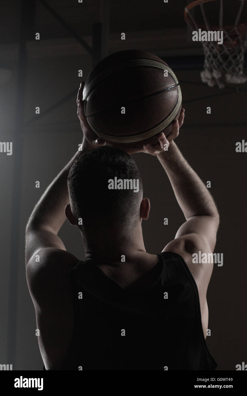 Portrait front the back of basketball player trying to put a basket
