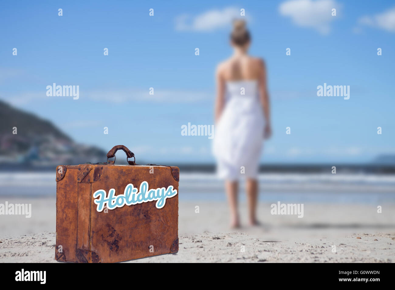 Composite image of blonde in white dress walking on the beach Stock ...