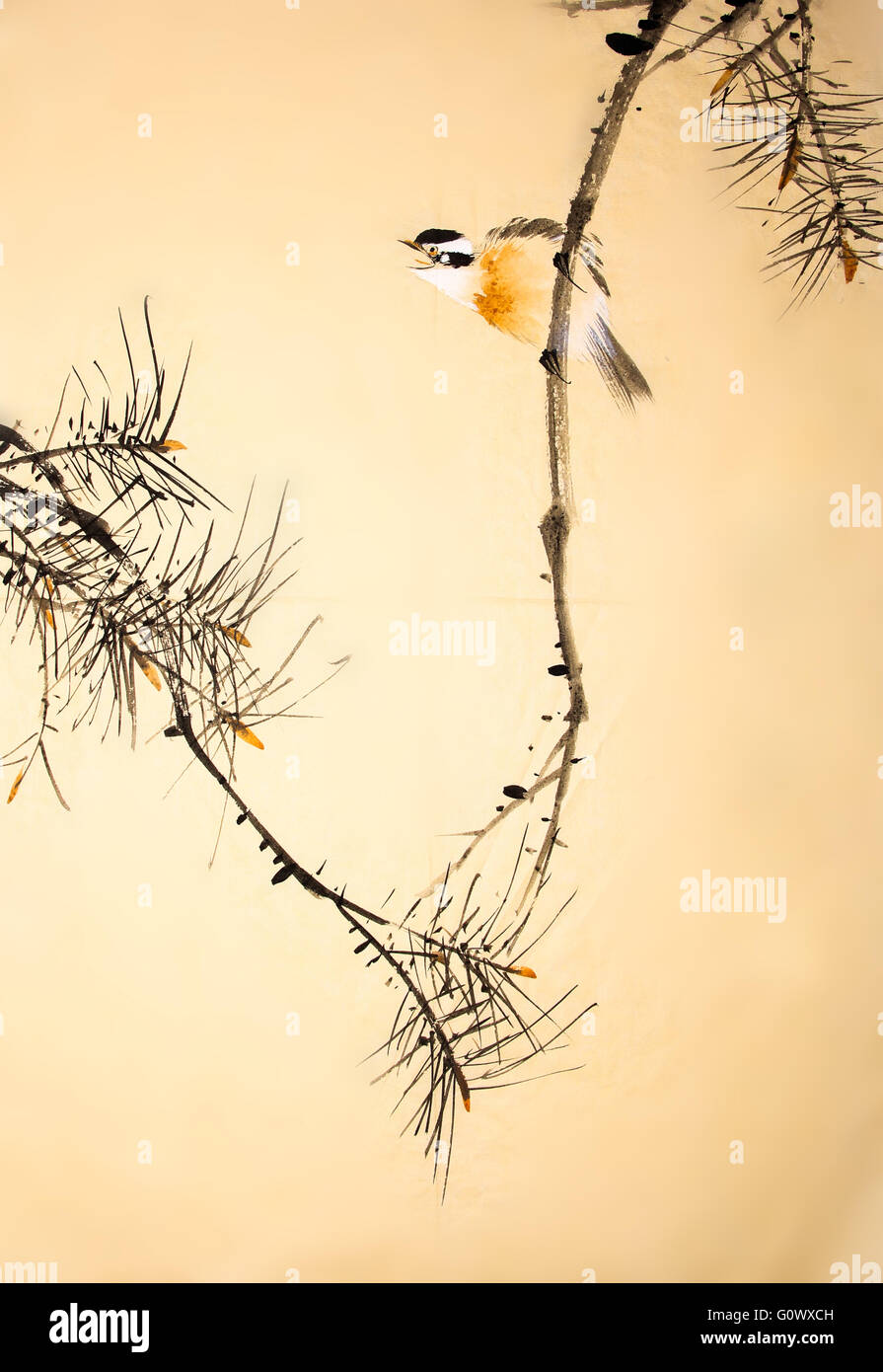 Chinese ink painting bird and plant Stock Photo