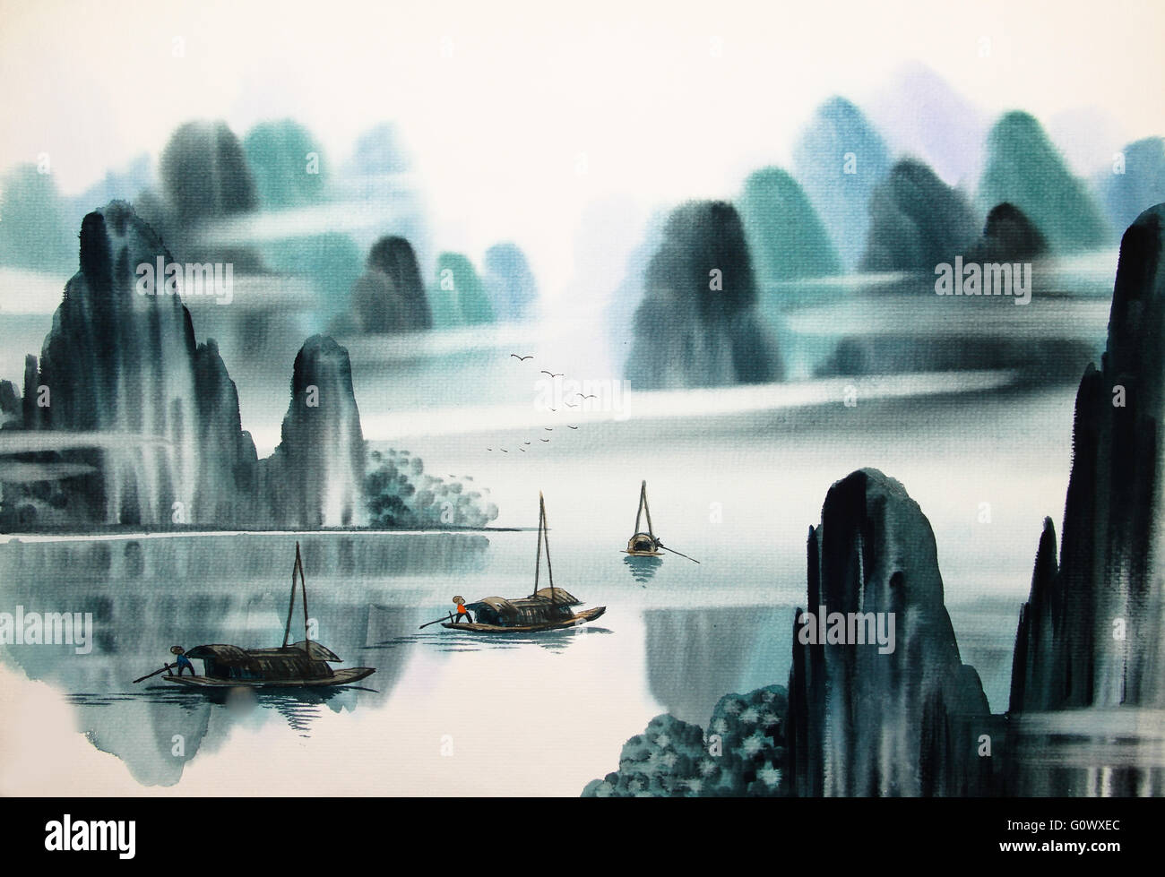 Chinese landscape watercolor painting Stock Photo - Alamy