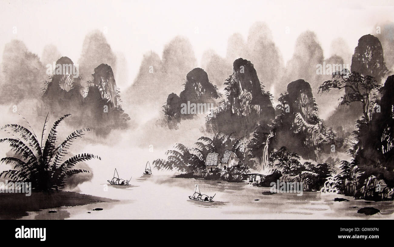 Chinese landscape watercolor painting Stock Photo - Alamy