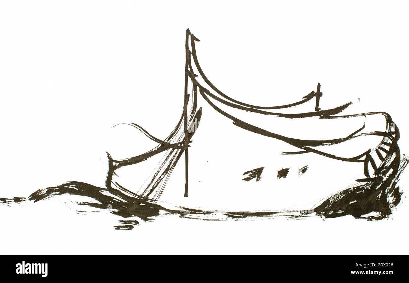 boat on the sea, on waves painted in ink with white background Stock Photo